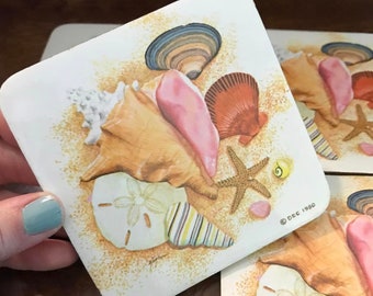 4 Vintage Cork Drink Coasters - Shell Illustration