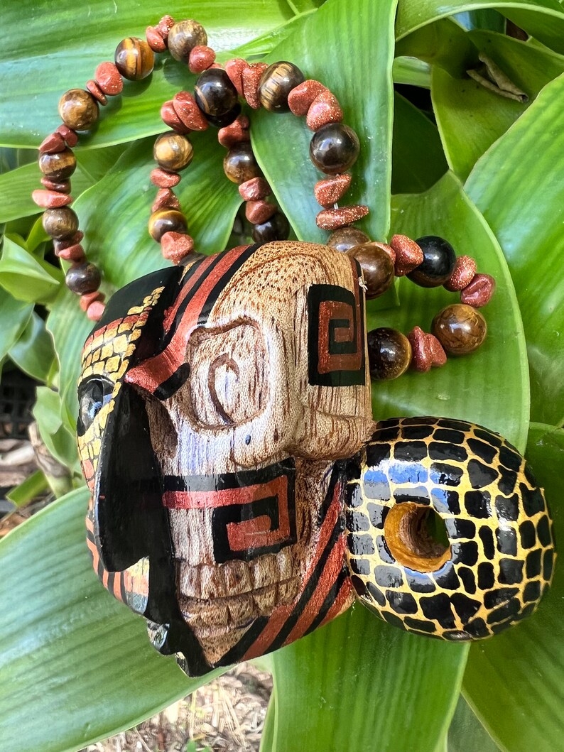 Aztec Mexica Cedar Tiny Maya Mask Mayan Unique Handpainted Beaded With