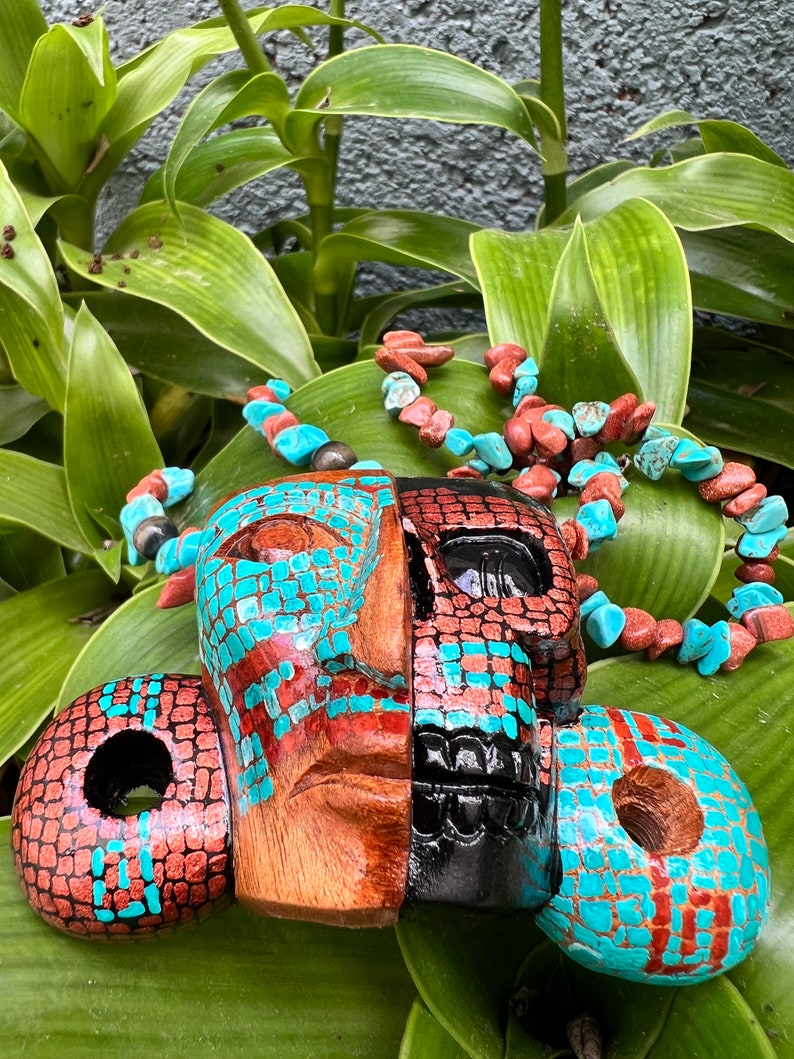 Aztec Mexica Cedar Tiny Maya Mask Mayan Unique Handpainted Beaded With