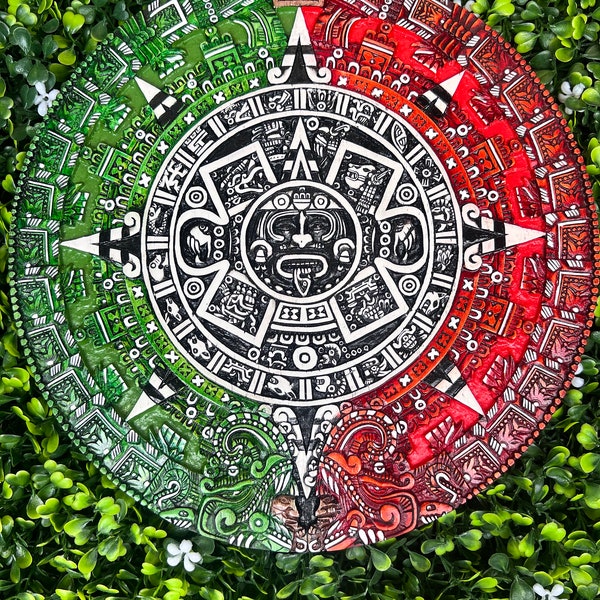 Aztec Mexican flag colors  calendar cement wall hanging calendario art  vibrant culture art Brown Pride