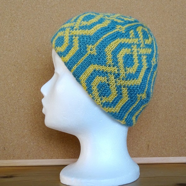Unisex handknitted warm beanie / slouchie, blue and yellow, entangled pattern, Novita Nature wool