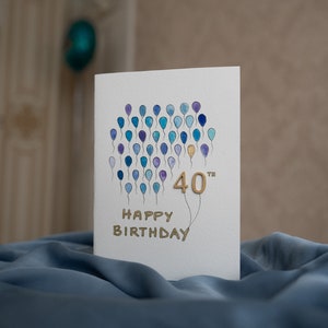 Benutzerdefinierte handgemalte blaue Luftballons Geburtstagskarte | 40. Geburtstag | Aquarell Gold | Personalisiert | Luxus Geburtstagskarte für Ihn