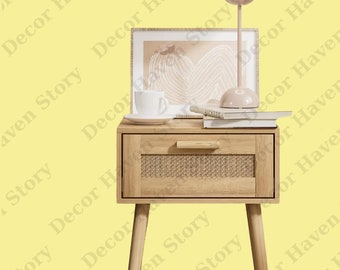Bedroom Nightstands Wooden Night Stands with Rattan Weaving Drawer Home Bedside End Table for Storage