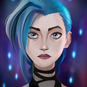 May include: A digital illustration of a woman with blue hair, wearing a black sleeveless top with a cut-out design. The background is a blurred purple and blue with glowing blue lights.