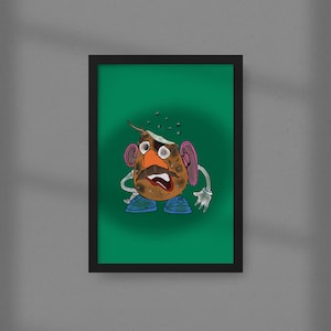 Può includere: Un'illustrazione di un giocattolo Mr. Potato Head rotto su uno sfondo verde. Il giocattolo è senza testa e ha un'espressione sorpresa sul viso.