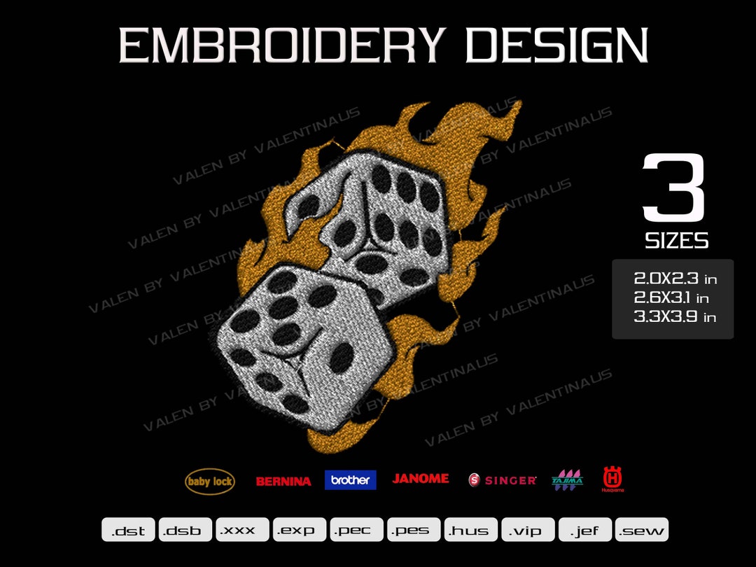 Dice on Fire Embroidery Design, Flaming Dice Embroidery Design, 3 Sizes