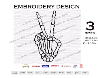 Skeleton hand peace sign embroidery design, hand skeleton, peace sign, 3 sizes, instant download, machine embroidery design