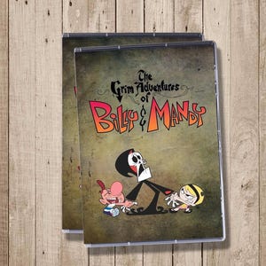 Könnte beinhalten: Zwei DVD-Hüllen mit dem Titel "The Grim Adventures of Billy & Mandy". Die Illustration zeigt den Sensenmann, Billy und Mandy im Cartoon-Stil. Der Hintergrund ist strukturiert und olivgrün.