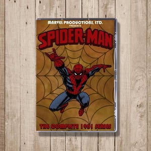 May include: A DVD case with a Spider-Man graphic. The superhero is depicted in a dynamic pose against a brown web backdrop. The title "SPIDER-MAN" is in red, with the text "MARVEL PRODUCTIONS, LTD." and "THE COMPLETE 1981 SERIES".