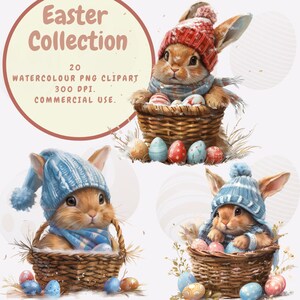 Bundle de clipart aquarelle panier, clipart Pâques, clipart lapin de Pâques, dessins de Pâques, fond transparent, usage commercial, PNG