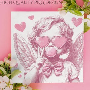 Retro Cupido Valentine Blowing Bubble PNG-Vintage Valentijnsdag kunst, engel met hart zonnebril, digitaal sublimatieontwerp