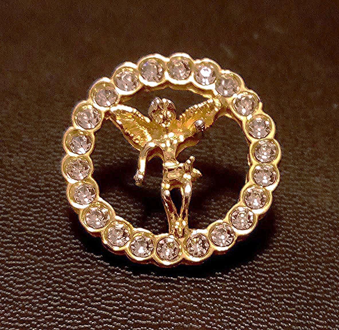 Cherub Angel in Rhinestone Circle, Quality Goldtone Pinback, Like New ...