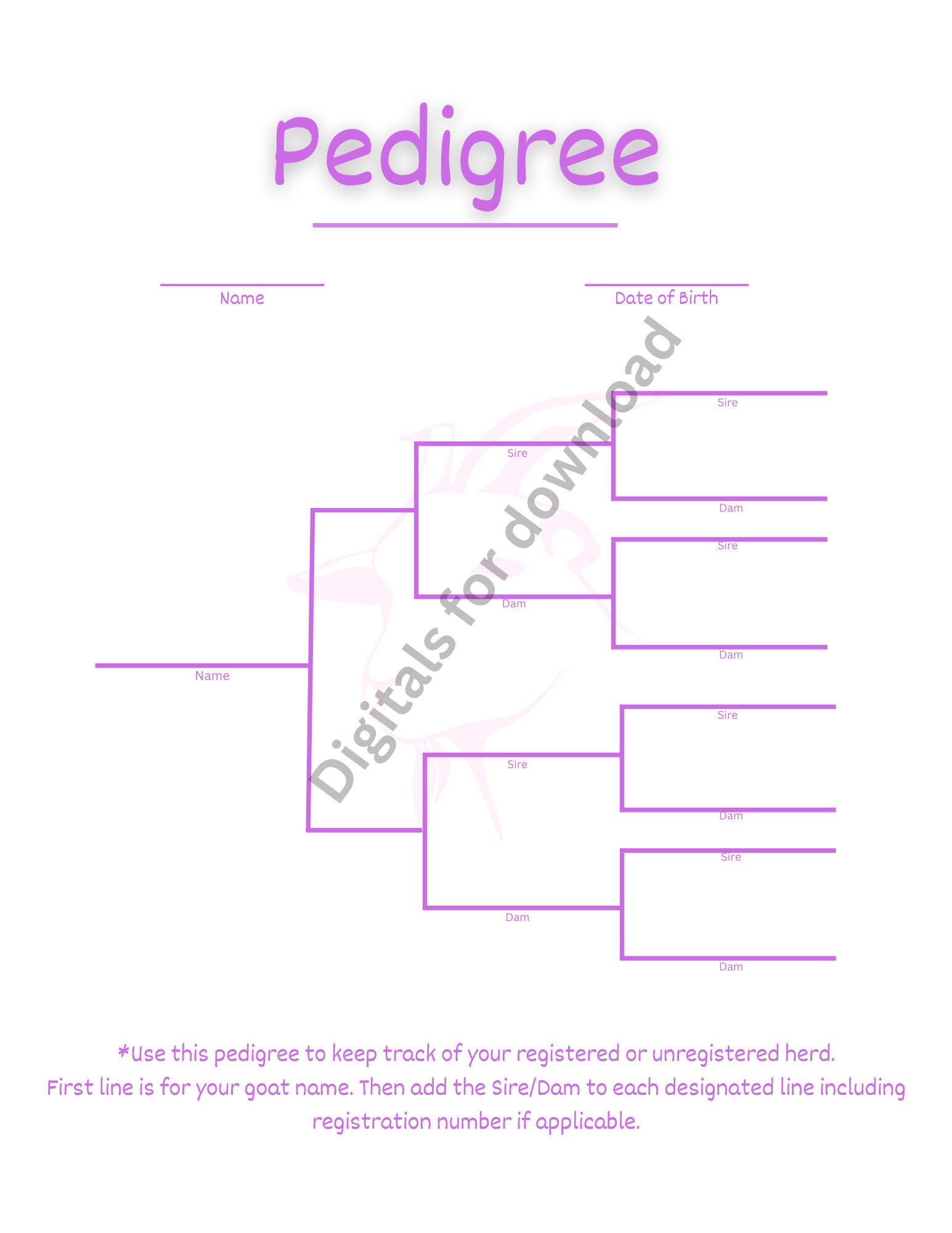 Goat Pedigree. Pink Pedigree Template. Blue Pedigree Template. - Etsy