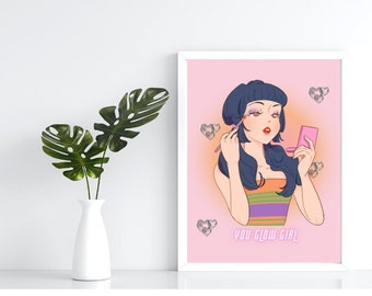 Pink Y2K Aesthetic Digital Poster – You Glow Girl Retro Makeup Girl Wall Art – Printable Affirmation Decor – Cool Girly PDF Poster