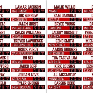 May include: A white chart featuring a list of football players with their associated teams, bye weeks, positions, and rankings. The text is printed in dark red and black, organised into four columns with red horizontal bars for each player entry.
