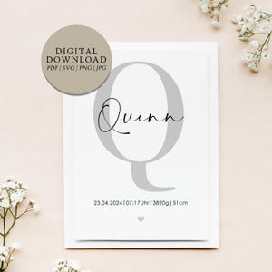 Póster personalizado letra Q nombre y fecha de nacimiento | Descarga digital | Nacimiento Bautismo Regalo Bebé Ahijado Habitación de Bebé Habitación Infantil