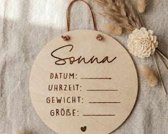 Personalized round wooden sign with name and birth details for writing in, baby birth announcement, photo prop, nursery decor