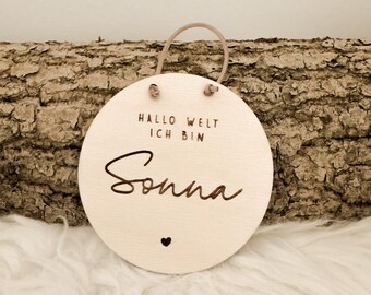 Personalized round wooden baby name sign with hanger, "Hello World I am" birth announcement, newborn, nursery decor