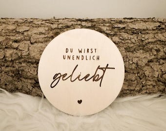 Round wooden sign "You are infinitely loved" minimalist nursery decor, gift for birth, christening, nursery wall decoration newborn prop