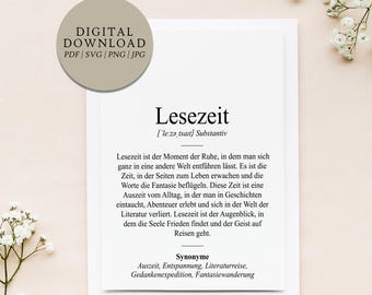 Gift for bookworms | Definition of reading time (Duden style) | Digital print file | Bookworm | Reading | Book lover | Decoration | Library