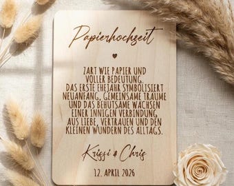 Papierhochzeit Holzkarte personalisiert | 1. Hochzeitstag Geschenk mit Namen und Datum | Postkarte Holz Gravur