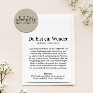 Könnte beinhalten: Ein digitaler Druck mit dem deutschen Text "Du bist ein Wunder", was "Du bist ein Wunder" bedeutet. Der Druck enthält eine Definition und Synonyme. Eine kreisförmige Grafik oben links lautet "Digitaler Download PDF SVG PNG JPG".
