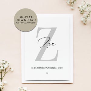 Póster personalizado letra Z nombre y fecha de nacimiento | Descarga digital | Nacimiento Bautismo Regalo Bebé Ahijado Habitación de Bebé Habitación Infantil