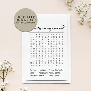 Cartel Café | Archivo de impresión digital | Sopa de letras con divertidos rompecabezas | Decoración de pared para cafetería, té, cocina, mudanza, apartamento, cafetería, bar, restaurante