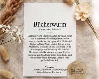 Gift for bookworms | Definition of reading time (Duden style) | Digital print file | Bookworm | Reading | Book lover | Decoration | Library