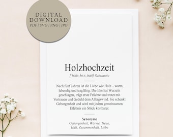 Definition Holzhochzeit Dudenstil | Digitale Druckdatei | Geschenk 5 Jahre Hochzeit Hochzeitstag Jubiläum verheiratet Ehe Ehepaar