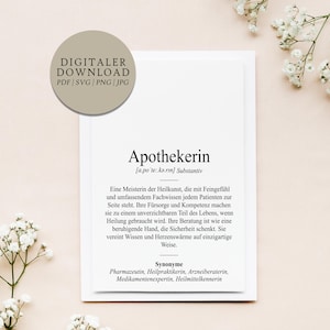 Könnte beinhalten: Eine druckbare Definitionskarte für das Wort "Apothekerin" auf Deutsch. Die Karte hat ein Schwarzweiß-Design mit dem Wort "Apothekerin" in großer Schrift oben. Die Definition ist auf Deutsch und enthält die Aussprache des Wortes. Die Karte enthält auch Synonyme für das Wort.