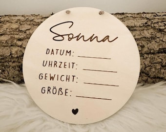Personalized round wooden sign with name and birth details for writing in, baby birth announcement, photo prop, nursery decor