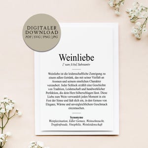 Definizione Vino Amore Stile Duden File di stampa digitale Regalo Amante del vino Piacere Goccia fine Felicità in una bottiglia Succo d'uva Pozione magica