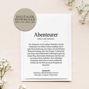 Definition Abenteurer Dudenstil | Digitale Druckdatei | Geschenk Beruf Ausbildung Reise Weltreise Fernweh Freunde Familie Neues wagen