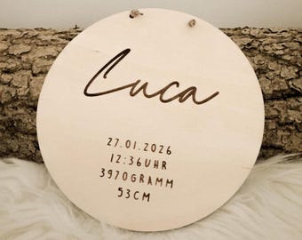 Personalized round wooden sign with name and birth details – baby birth announcement with date, time, weight & size, gift