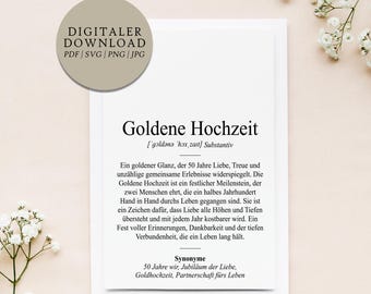Definition Goldene Hochzeit Dudenstil | Digitale Druckdatei | Geschenk für 50. Hochzeitstag Jubiläum 50 Jahre verheiratet Ehe Goldhochzeit