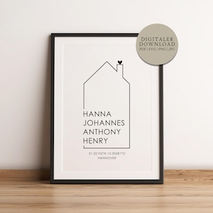 Puede incluir: Una ilustración de casa imprimible en blanco y negro con los nombres Hanna, Johannes, Anthony y Henry, junto con las coordenadas 51.22196°N 10.30581°0 y la palabra "HANNOVER".