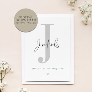 Póster personalizado letra J nombre y fecha de nacimiento | Descarga digital | Nacimiento Bautismo Regalo Bebé Ahijado Habitación de Bebé Habitación Infantil
