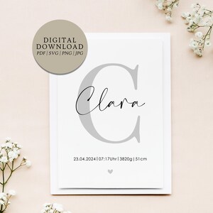 Póster personalizado letra C nombre y fecha de nacimiento | Descarga digital | Nacimiento Bautismo Regalo Bebé Ahijado Habitación de Bebé Habitación Infantil