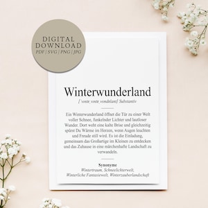 Könnte beinhalten: Ein digitaler Download-Druck mit dem Wort "Winterwunderland" in schwarzer Schrift. Der Druck enthält eine Definition und Synonyme auf Deutsch, mit einer kreisförmigen "DIGITAL DOWNLOAD" Grafik oben links.
