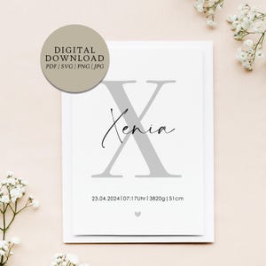 Póster personalizado letra X nombre y fecha de nacimiento | Descarga digital | Nacimiento Bautismo Regalo Bebé Ahijado Habitación de Bebé Habitación Infantil