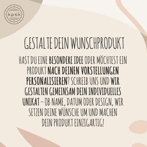 May include: Cream-colored background with black text. The text reads "GESTALTE DEIN WUNSCHPRODUKT" and further text about personalizing products. A circular logo with the letters "kpsk" is in the upper left corner.