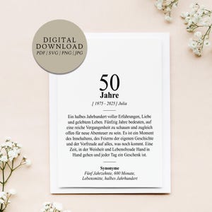 May include: A digital download card with the text "50 Jahre" in large black font, indicating a 50th anniversary. The card includes additional text in German and a circular graphic that says "DIGITAL DOWNLOAD PDF | SVG | PNG | JPG".