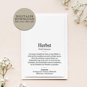 Puede incluir: Una tarjeta blanca con la palabra alemana "Herbst" (Otoño) en texto negro. La tarjeta incluye una definición y sinónimos. Un gráfico circular en la parte superior izquierda dice "DIGITALER DOWNLOAD PDF SVG PNG JPG".