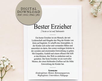 Definición de "Mejor Educador" (estilo Duden) | Archivo de impresión digital | Regalo para maestros de jardín de infantes, educadores, guarderías, agradecimientos, despedidas, guarderías