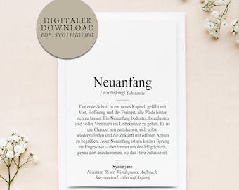 Definition of new beginning Duden style | Digital print file | Gift Restart New chapter Restart Separation Conclusion Re-establishment Grief