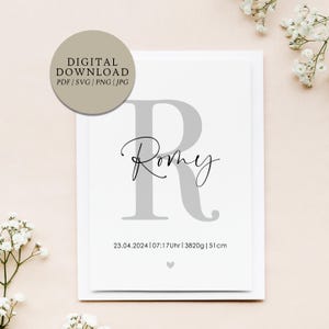 Póster personalizado letra R nombre y fecha de nacimiento | Descarga digital | Nacimiento Bautismo Regalo Bebé Ahijado Habitación de Bebé Habitación Infantil