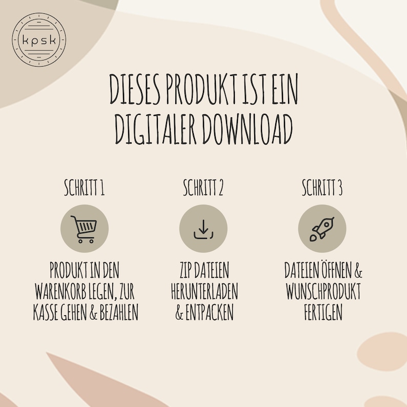 Puede incluir: Un producto de descarga digital en tres pasos: agregar al carrito, descargar el archivo zip y abrir los archivos para crear el producto deseado. Los pasos se ilustran con iconos de un carrito de compras, una flecha de descarga y un cohete despegando.