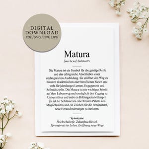 Könnte beinhalten: Digitaler Download mit einer Definition von "Matura" auf Deutsch, mit schwarzem Text auf weißem Hintergrund. Das Bild enthält eine kreisförmige Grafik mit den Worten "DIGITAL DOWNLOAD" und Dateitypoptionen. Das Design ist vor einem weichen, floralen Hintergrund angeordnet.