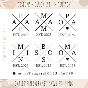 Ontwerpen Moeder Vader sinds 2025 Bundel | Oma Opa Baas Mini | Opgericht | Duits vectorbestand plotterbestand | SVG | PDF-bestand | PNG-bestand | inclusief bedrijfsvergunning